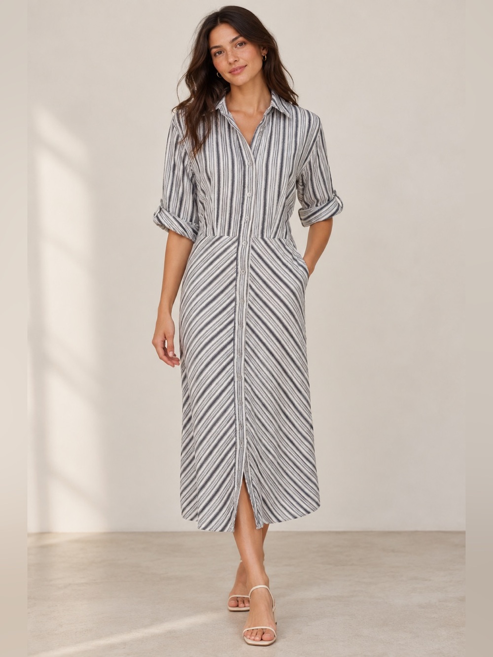 Tahari Linen Blend Shirt Dress Small Striped Button Front Midi Roll Tab Sleeves